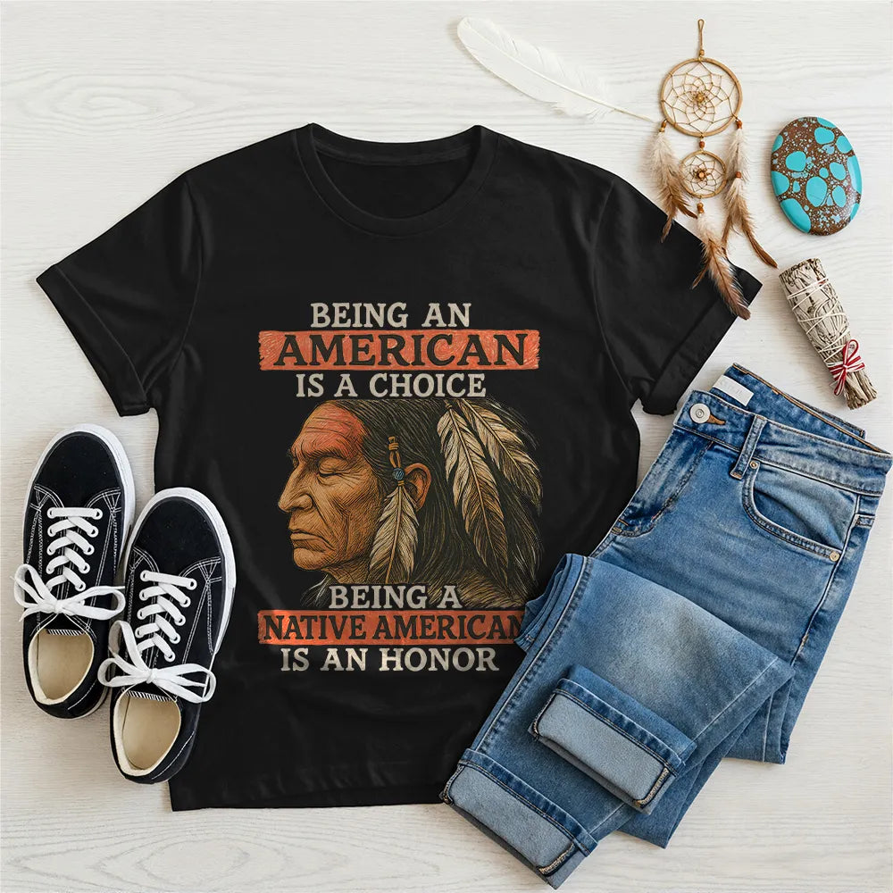 Black t-shirt featuring a Native American-inspired design, symbolizing strength and choice.
