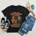 Black t-shirt featuring a Native American-inspired design, symbolizing strength and choice.