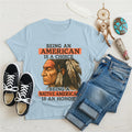 Blue t-shirt with an inspirational Native American design, honoring heritage and choice.