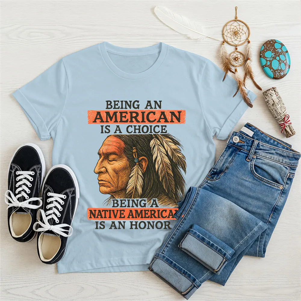 Blue t-shirt with an inspirational Native American design, honoring heritage and choice.