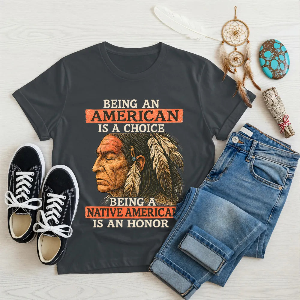 Charcoal t-shirt featuring a powerful Native American design, reflecting pride and honor.