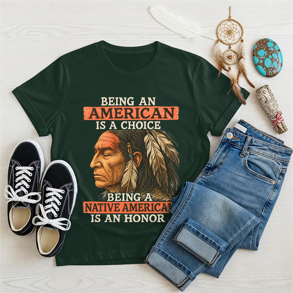 Green t-shirt with Native American artwork, representing unity, heritage, and pride.