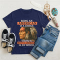 Navy t-shirt showcasing Native American artwork, symbolizing honor and resilience.