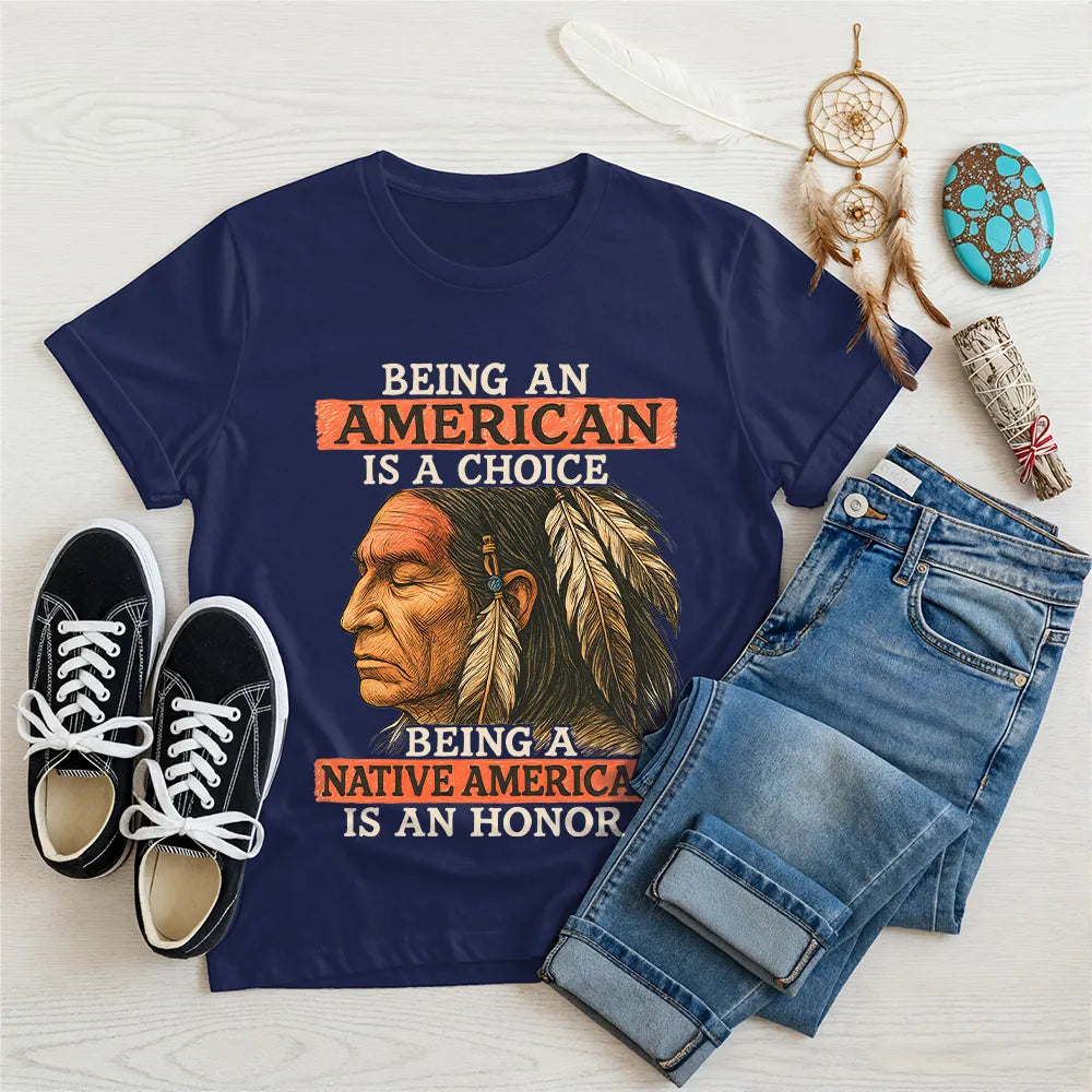 Navy t-shirt showcasing Native American artwork, symbolizing honor and resilience.