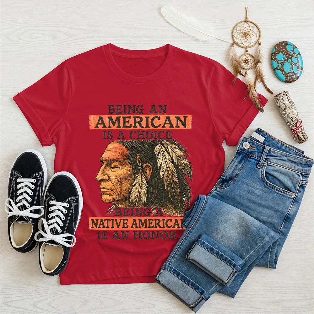 Black t-shirt featuring a Native American-inspired design, symbolizing strength and choice.