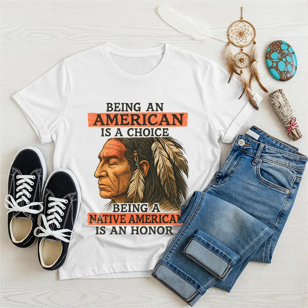 White t-shirt with a powerful Native American design, honoring cultural heritage.
