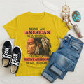 Yellow t-shirt with Native American design, symbolizing empowerment and cultural pride.