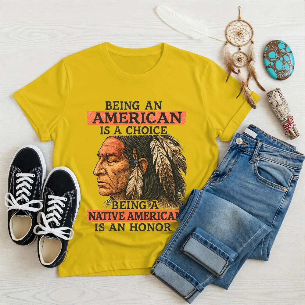 Yellow t-shirt with Native American design, symbolizing empowerment and cultural pride.
