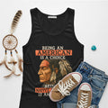 Black tank top with a Native American design, reflecting strength, pride, and choice.
