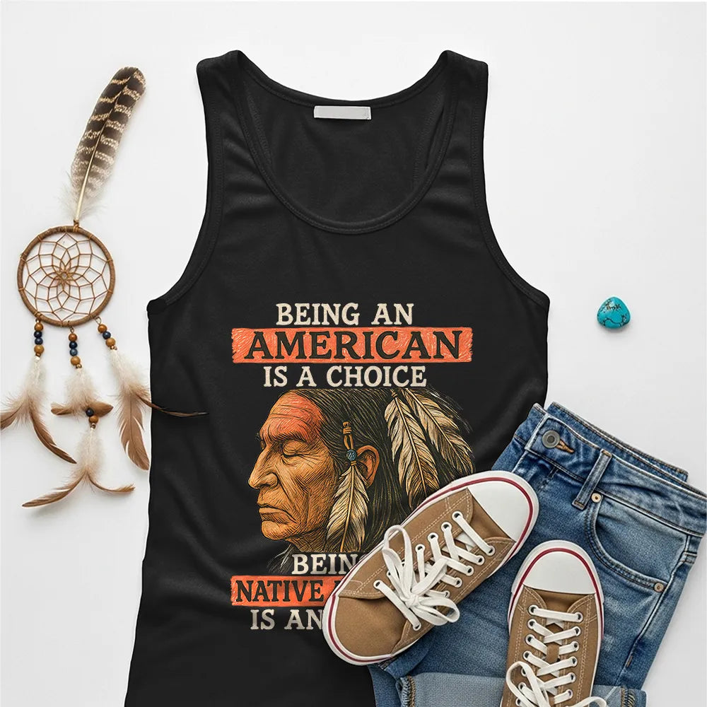 Black tank top with a Native American design, reflecting strength, pride, and choice.