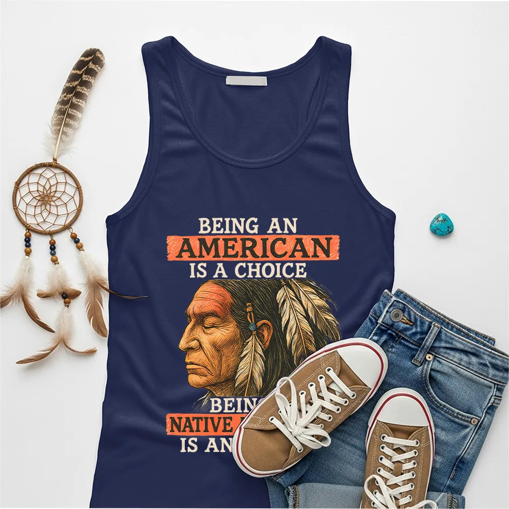 Navy tank top with Native American artwork, representing resilience and cultural pride.