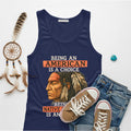 Navy tank top with Native American artwork, representing resilience and cultural pride.