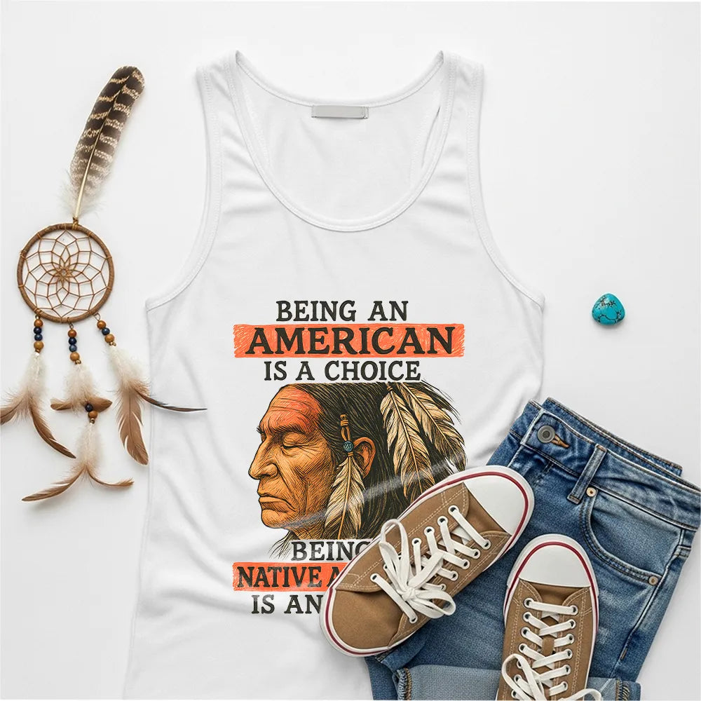 Navy tank top with Native American artwork, representing resilience and cultural pride.