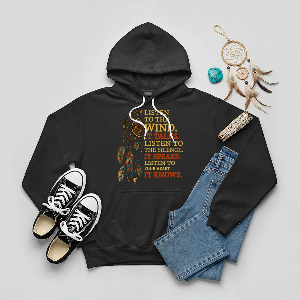 White hoodie with Native American dreamcatcher design and inspirational wind quote