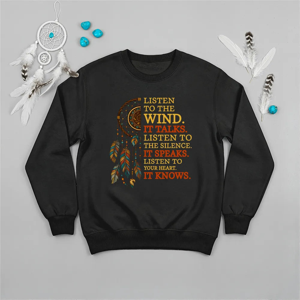 White sweatshirt displaying Native America inspirational quote and dreamcatcher artwork