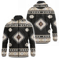 Southwestern geometric fleece-lined zip hoodie. Diamond & stripe pattern in muted tones.