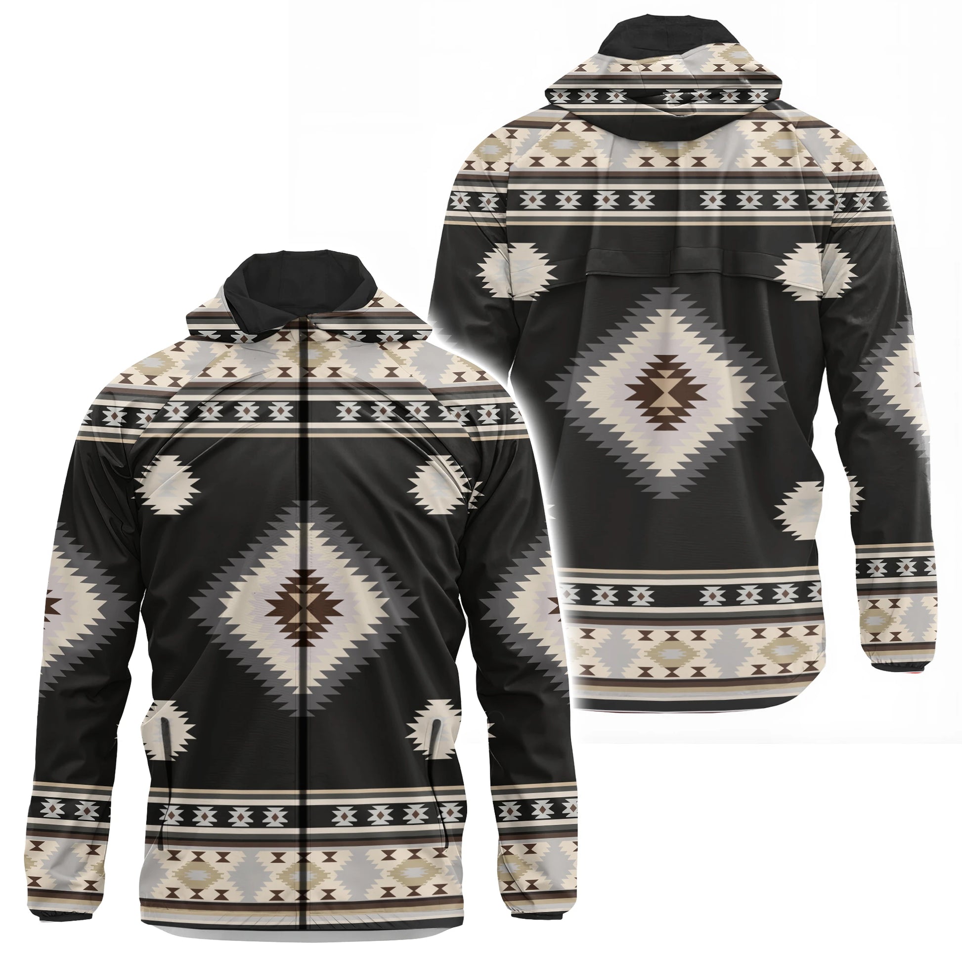 Southwestern geometric fleece-lined zip hoodie. Diamond & stripe pattern in muted tones.