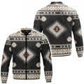Southwestern geometric bomber jacket. Diamond & stripe pattern in muted tones.