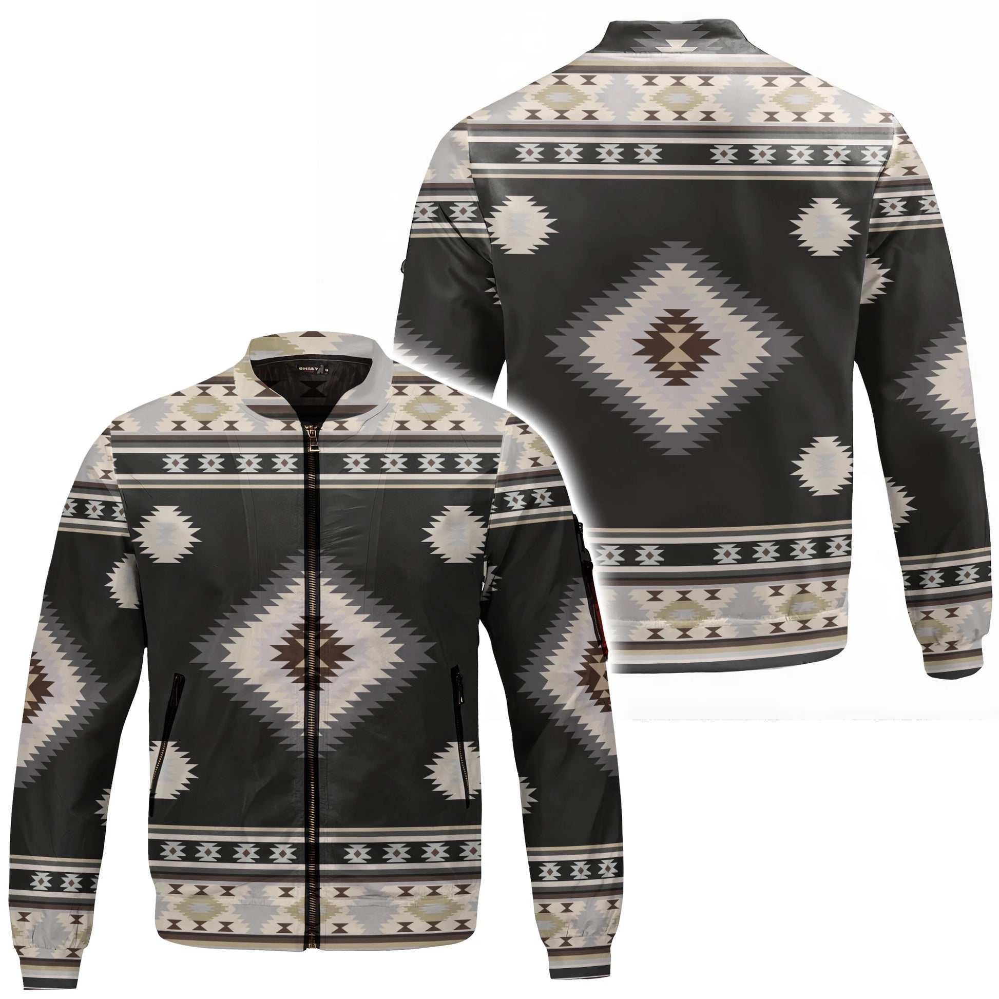 Southwestern geometric bomber jacket. Diamond & stripe pattern in muted tones.