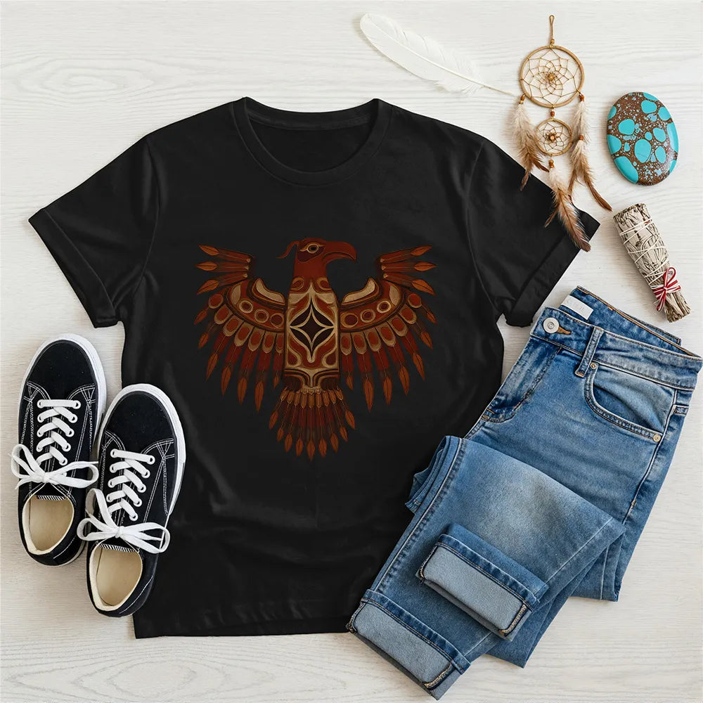 Black unisex T-shirt with Pacific Northwest-inspired eagle design