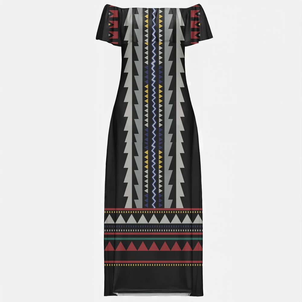 Woman posing in a black and white geometric tribal dress and skirt, perfect for summer outings or beachside vacations.