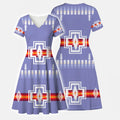 Back view of a skater dress with a blue, black, and white eagle/thunderbird and geometric pattern