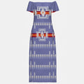 Front view of a skater dress with a blue, black, and white eagle/thunderbird and geometric pattern.