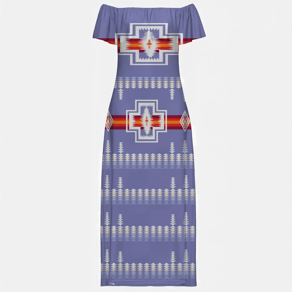 Front view of a skater dress with a blue, black, and white eagle/thunderbird and geometric pattern.
