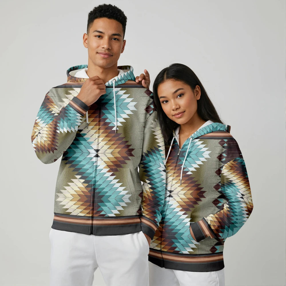 Male and female models wearing matching Native-American tribal wearable blanket hoodies with bold geometric patterns and kangaroo pockets
