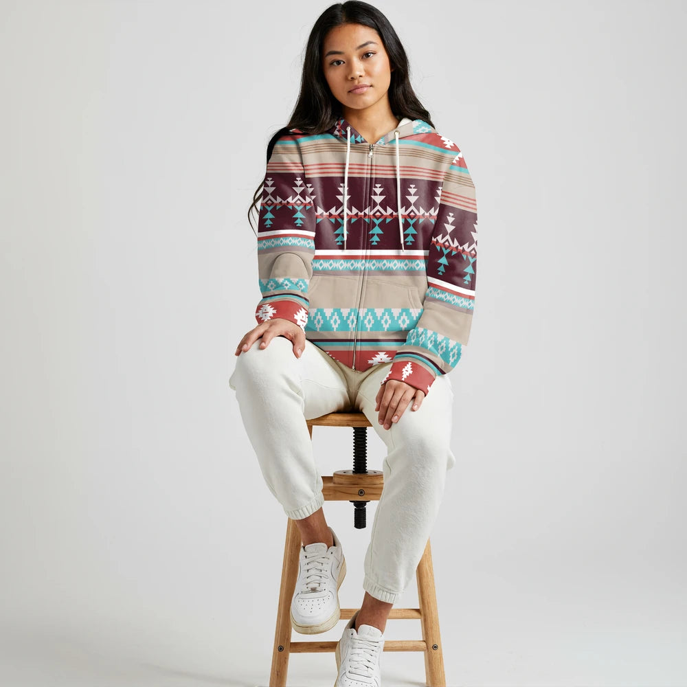 Woman standing in a cozy living room wearing a cozy Southwestern Native American Inspired Fleece Jacket Indoors