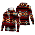 Side-by-side composite of the jacket’s front and back, showing detailed turquoise and burnt orange diamond motifs set against a rich red background with black horizontal stripes.