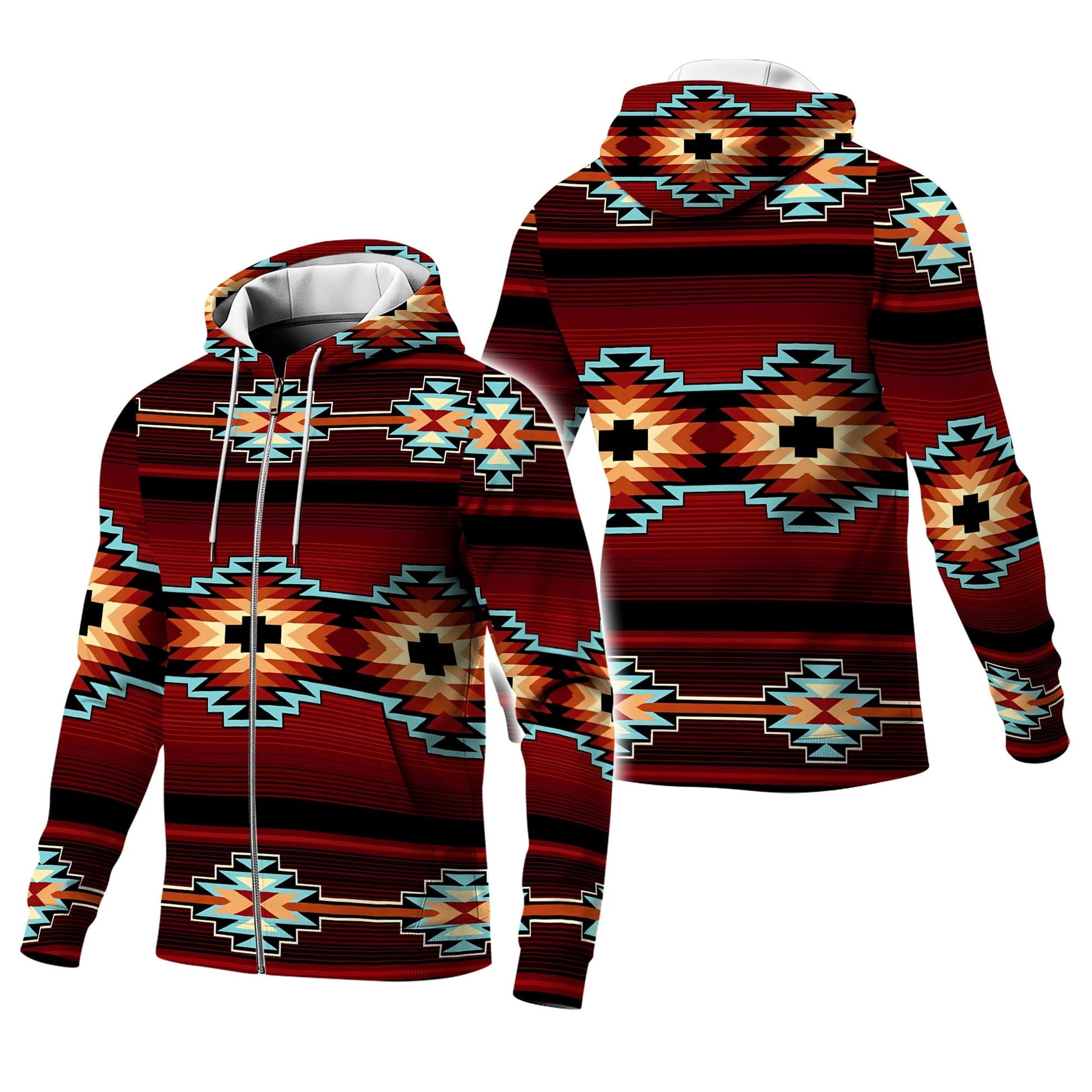 Side-by-side composite of the jacket’s front and back, showing detailed turquoise and burnt orange diamond motifs set against a rich red background with black horizontal stripes.