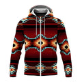 A deep crimson fleece jacket featuring a full zip front, hood, and intricate Southwestern geometric patterns in turquoise, burnt orange, and black accents.