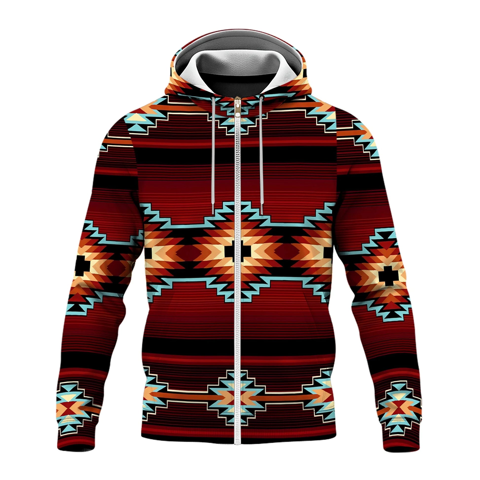 A deep crimson fleece jacket featuring a full zip front, hood, and intricate Southwestern geometric patterns in turquoise, burnt orange, and black accents.