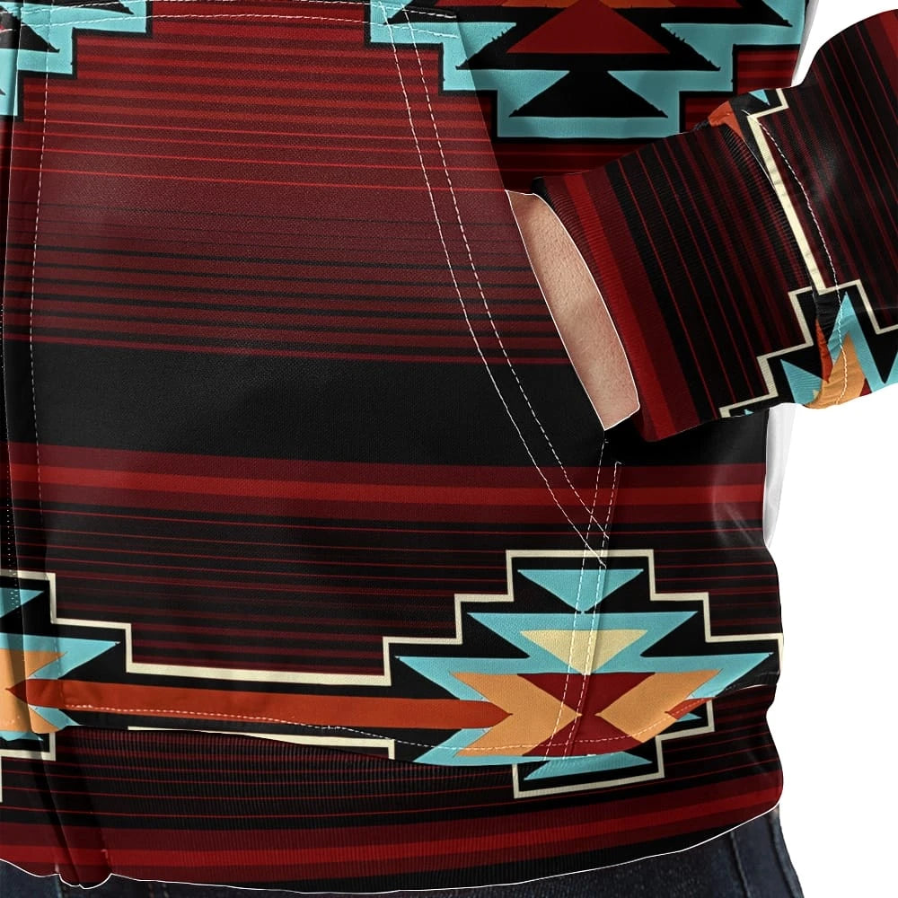 Close-up of the jacket’s kangaroo pocket area, highlighting the red and black striped fabric with turquoise and orange geometric accents near the stitch lines.