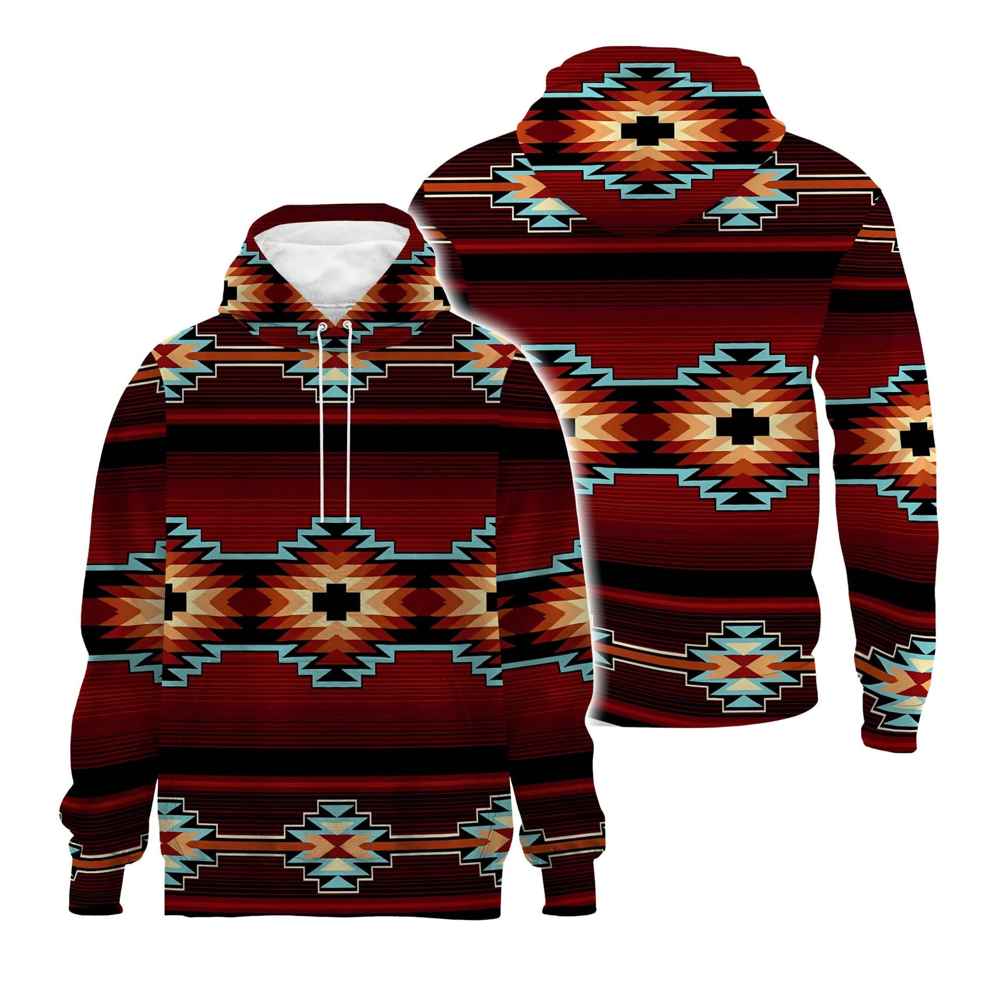 Two angled views of the hooded fleece: front view with zip-up closure and bold geometric patterns, and back view showcasing a large central diamond motif above horizontal striping.