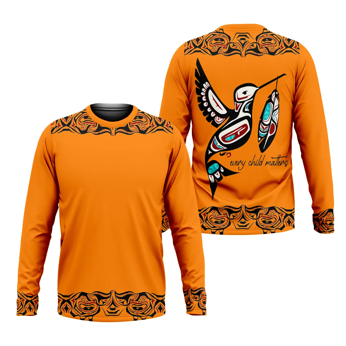 Front and back view of a striking orange long-sleeved Tshirt. The back features an intricate Pacific Northwest Native American art-style hummingbird holding a baby bundle, accompanied by the text "every child matters". Black and red tribal patterns are present on the upper chest, shoulders, and bottom hem, extending to the sleeve cuffs.