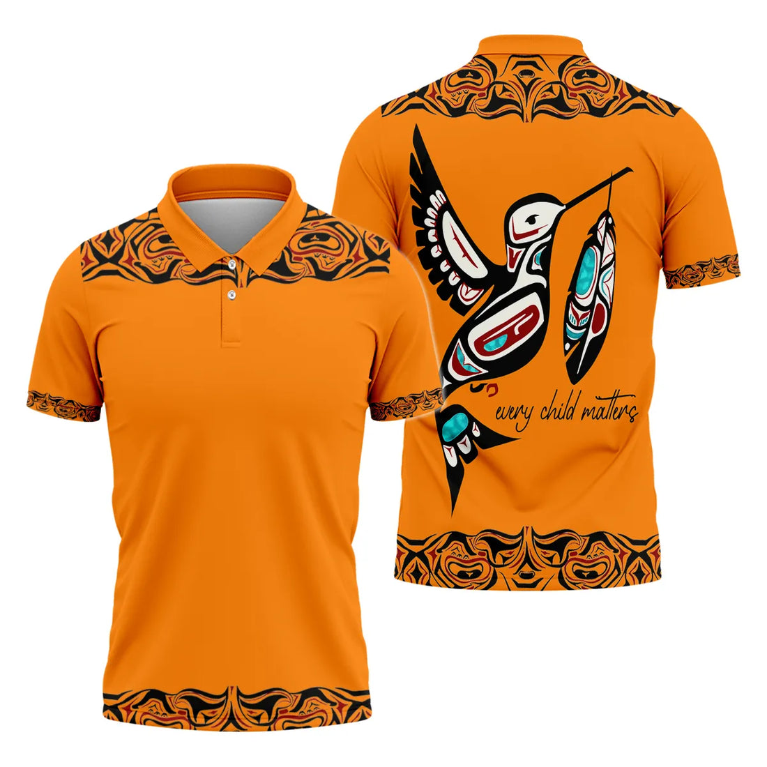 Front and back view of a vivid orange polo shirt. The back showcases a distinctive Pacific Northwest Native American art-inspired hummingbird graphic carrying a baby bundle, with the text "every child matters". Black and red tribal patterns decorate the shoulders, sleeve cuffs, and bottom hem.