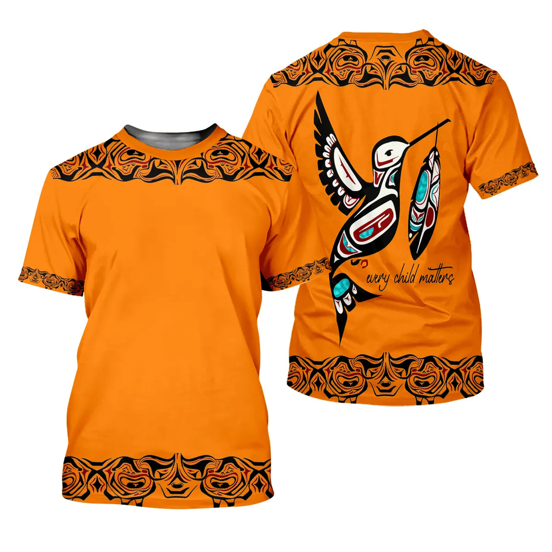 Front and back view of a vivid orange polo shirt. The back showcases a distinctive Pacific Northwest Native American art-inspired hummingbird graphic carrying a baby bundle, with the text "every child matters". Black and red tribal patterns decorate the shoulders, sleeve cuffs, and bottom hem.