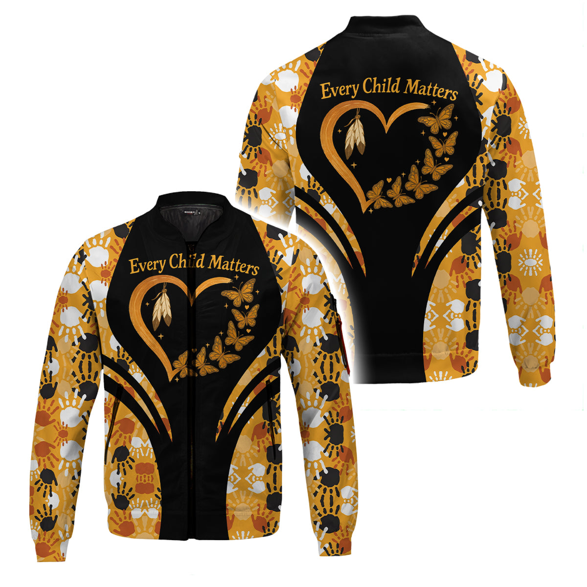 A bomber jacket with an "Every Child Matters" design, featuring a handprint, heart, and butterfly to honor First Nations children.