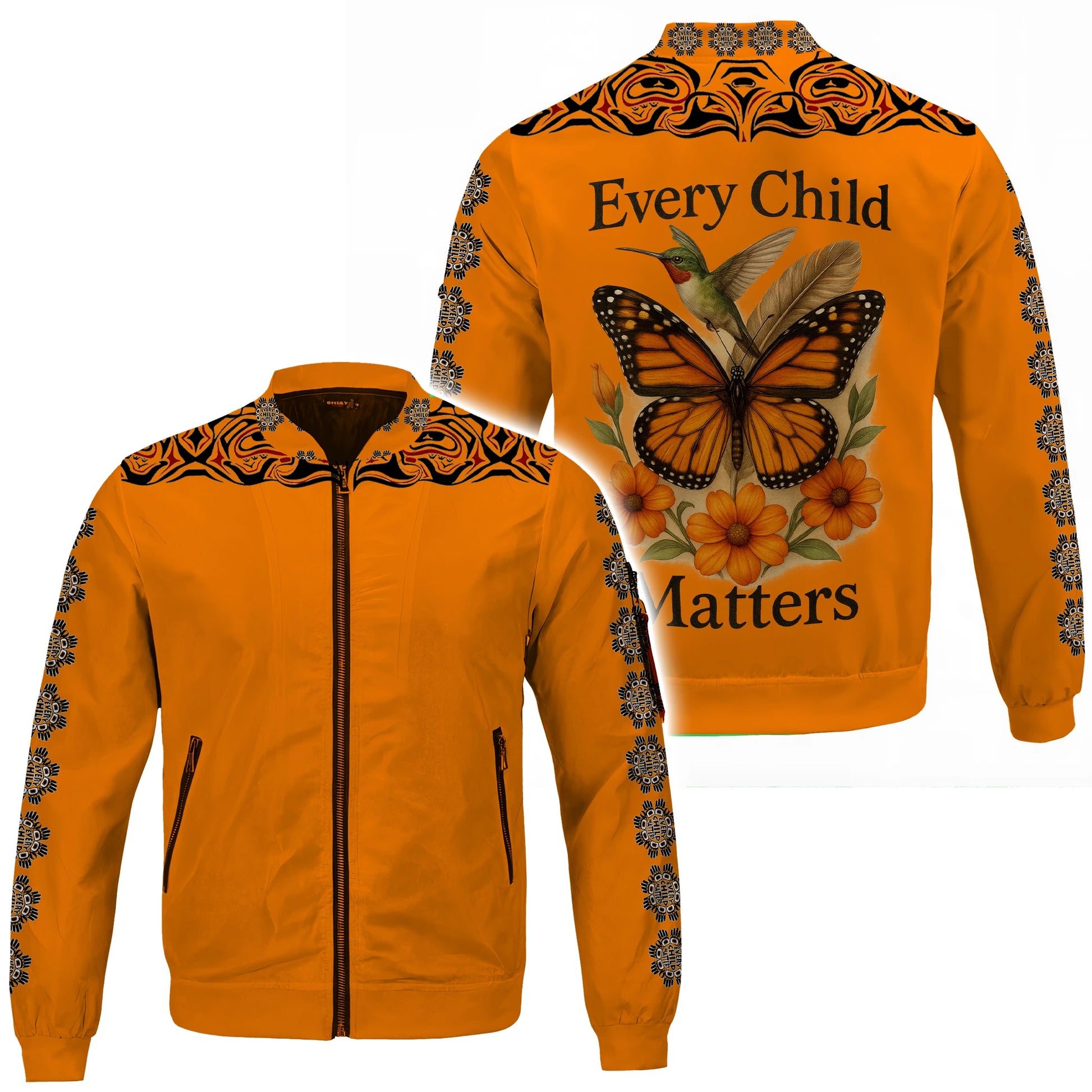 Orange bomber jacket. "Every Child Matters" with butterfly, hummingbird, and tribal patterns.