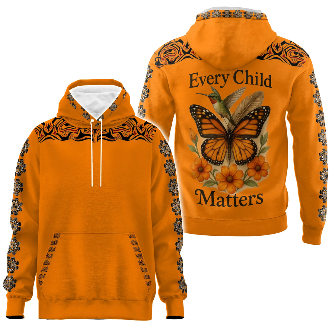 Orange zip-up hoodie with "Every Child Matters" text, butterfly, hummingbird, and tribal art.