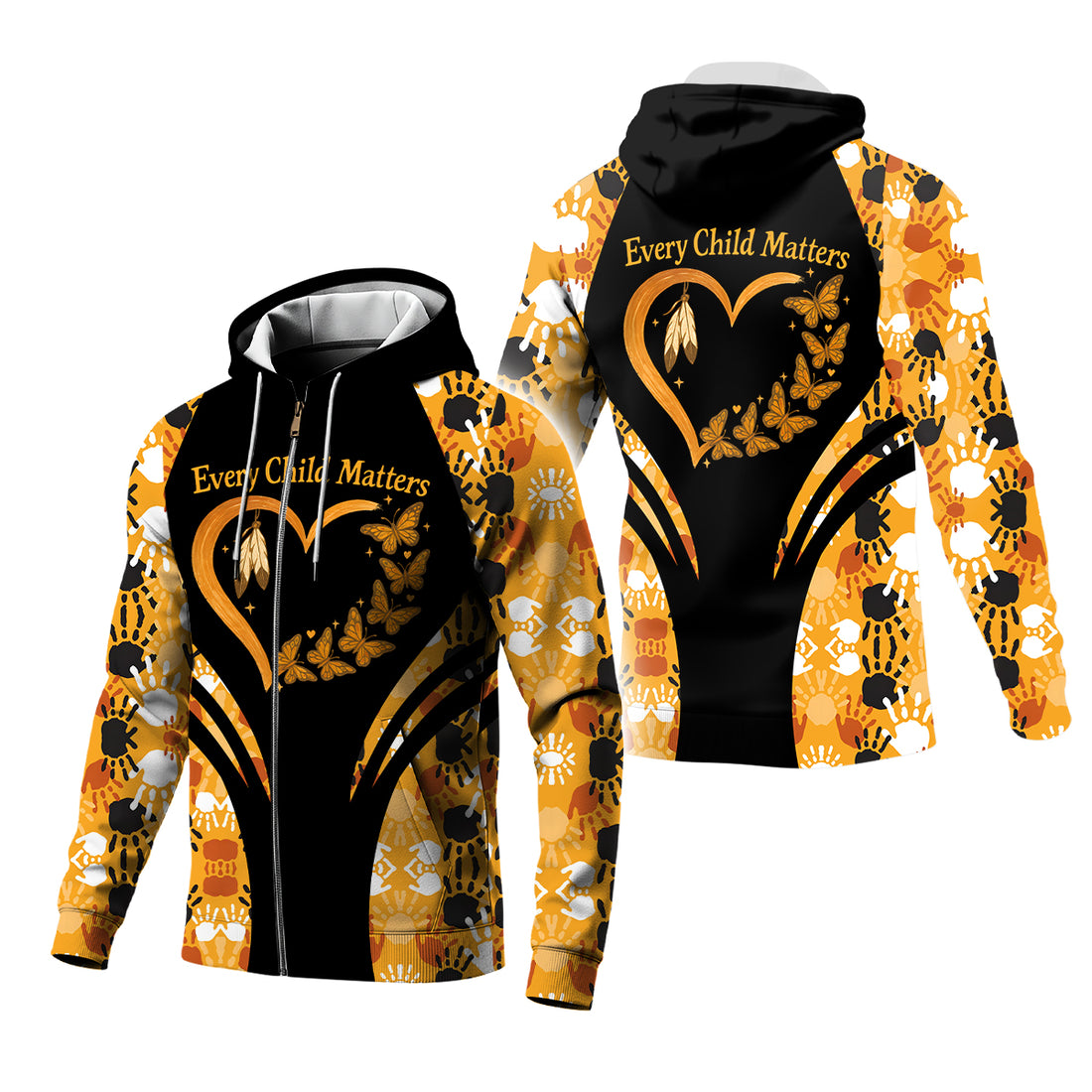 A fleece jacket with an "Every Child Matters" design, featuring a handprint, heart, and butterfly to honor First Nations children.