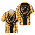 Hawaiian-style button-up shirt with “Every Child Matters” heart and butterfly graphic on black chest and colorful handprint pattern.
