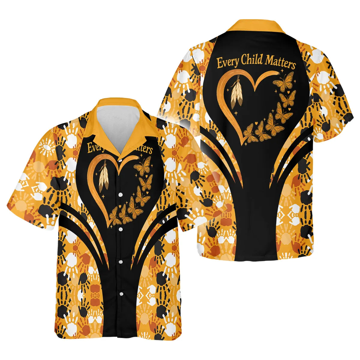 Hawaiian-style button-up shirt with “Every Child Matters” heart and butterfly graphic on black chest and colorful handprint pattern.