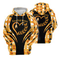 Pullover hoodie featuring “Every Child Matters” heart and butterfly graphic on black chest with orange white and black handprint sleeves and grey hood lining.