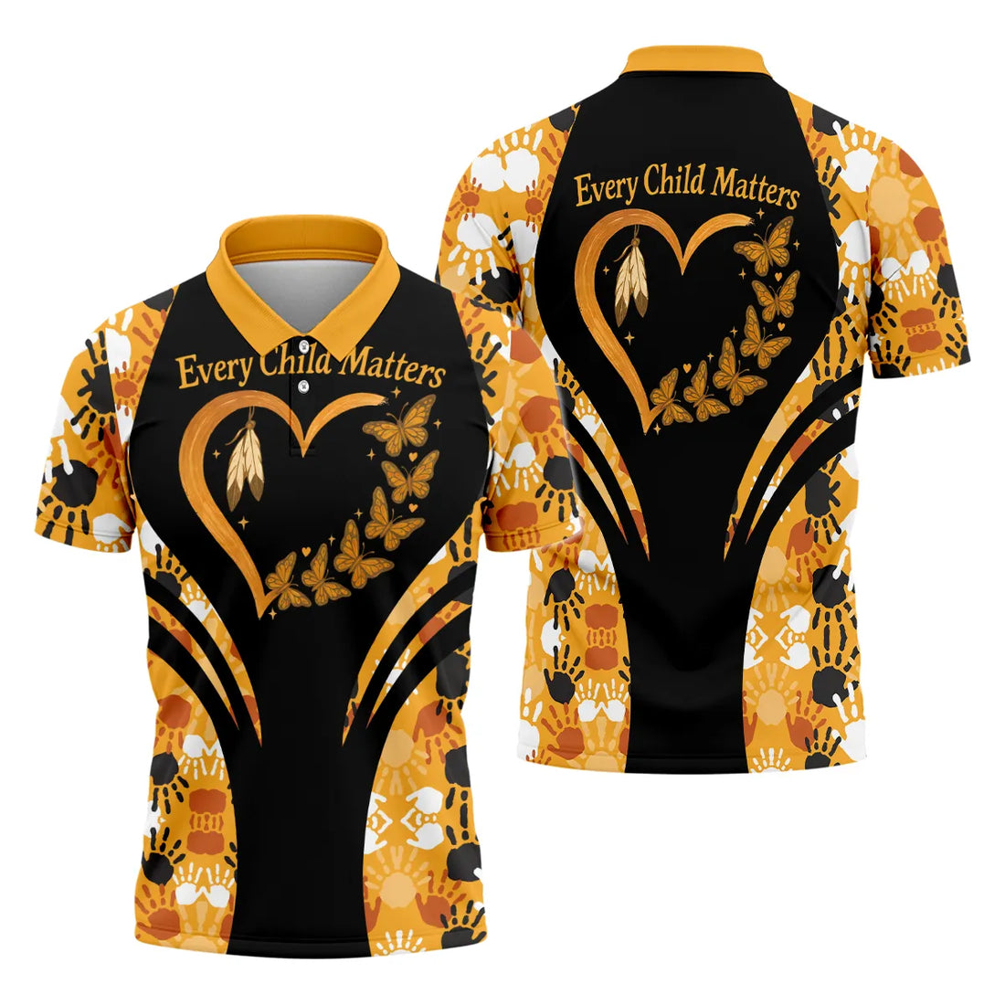 Short-sleeve polo shirt displaying “Every Child Matters” heart and butterfly graphic on black chest with orange white and black handprint panels.