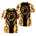 Short-sleeve T-shirt showcasing “Every Child Matters” heart and butterfly graphic on black chest with surrounding orange white and black handprint pattern.