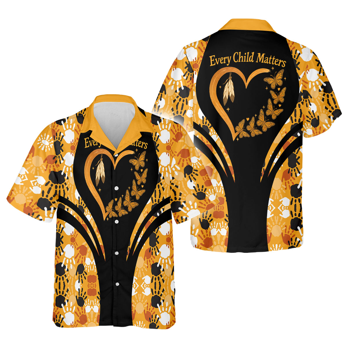 A Hawaiian shirt with an "Every Child Matters" design, featuring a handprint, heart, and butterfly to honor First Nations children.
