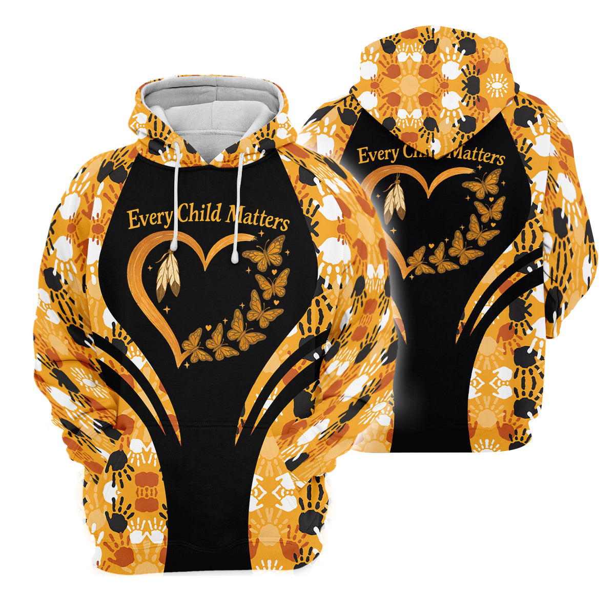 A hoodie with an "Every Child Matters" design, featuring a handprint, heart, and butterfly to honor First Nations children.